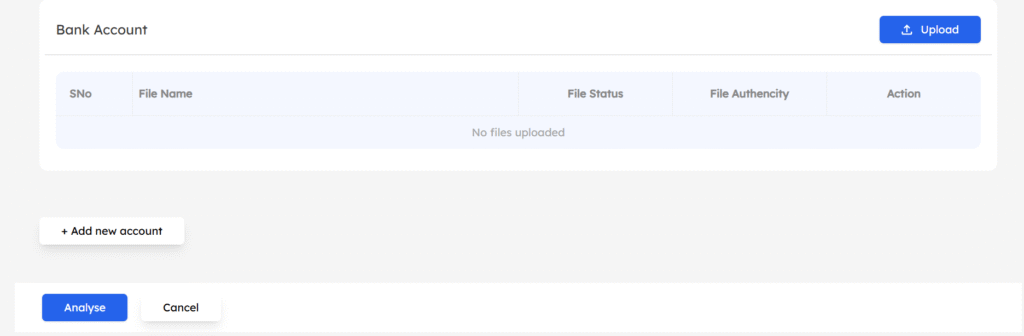 Pro Analyser dashboard showing upload option for bank statements