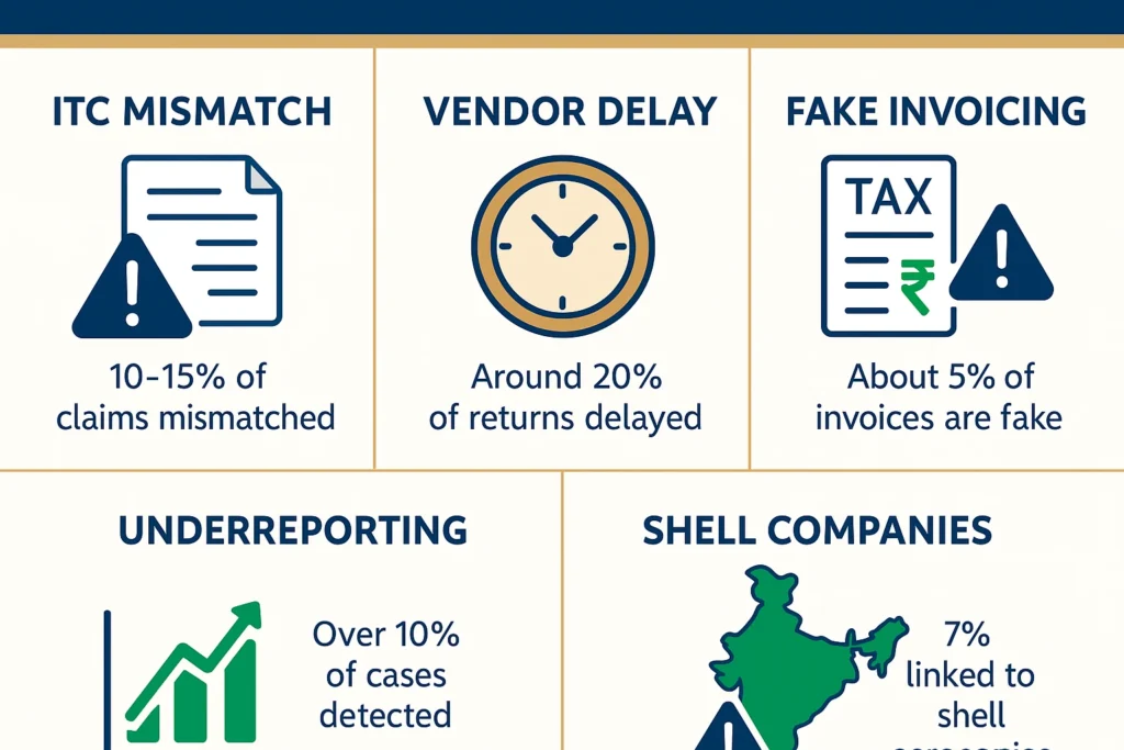 Infographic showing hidden GST risks like mismatches, delays, and fake invoices