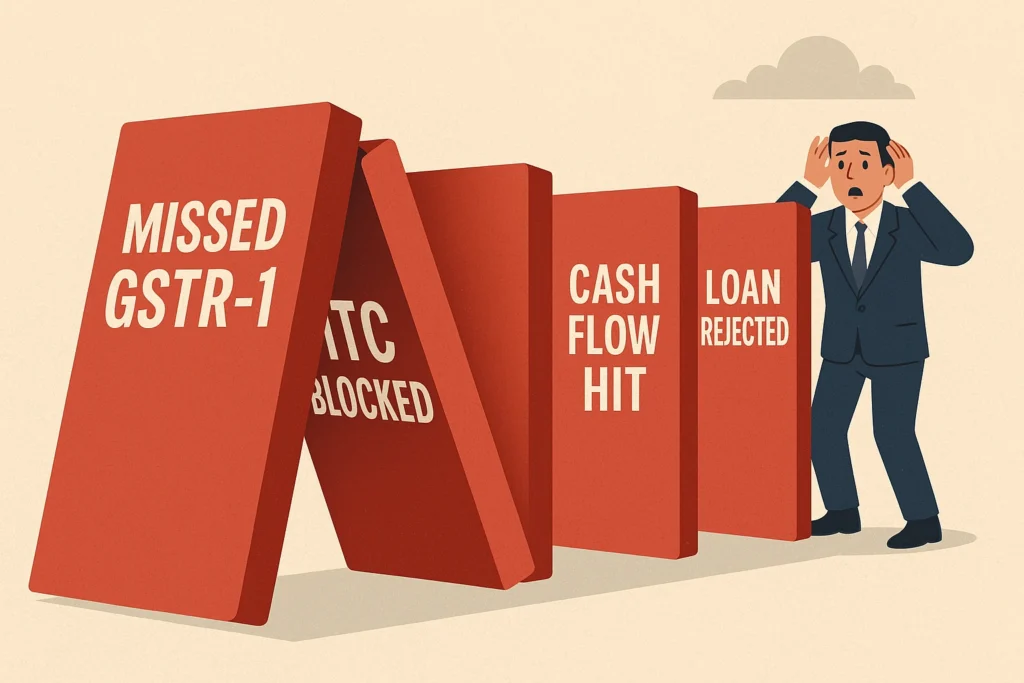 Falling dominoes showing GST filing mistakes and business losses