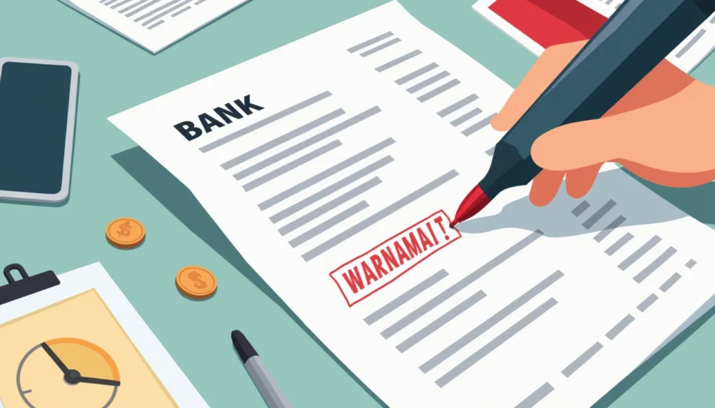 Bank statement on a desk with red flags highlighted, showing overdrafts, cash flow issues, and debt-to-income ratio for financial analysis