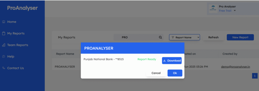 Pro analyser dashboard showing reports ready to download