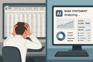 Stressed business professional reviewing printed bank statements manually with paperwork and Excel sheets on the desk.