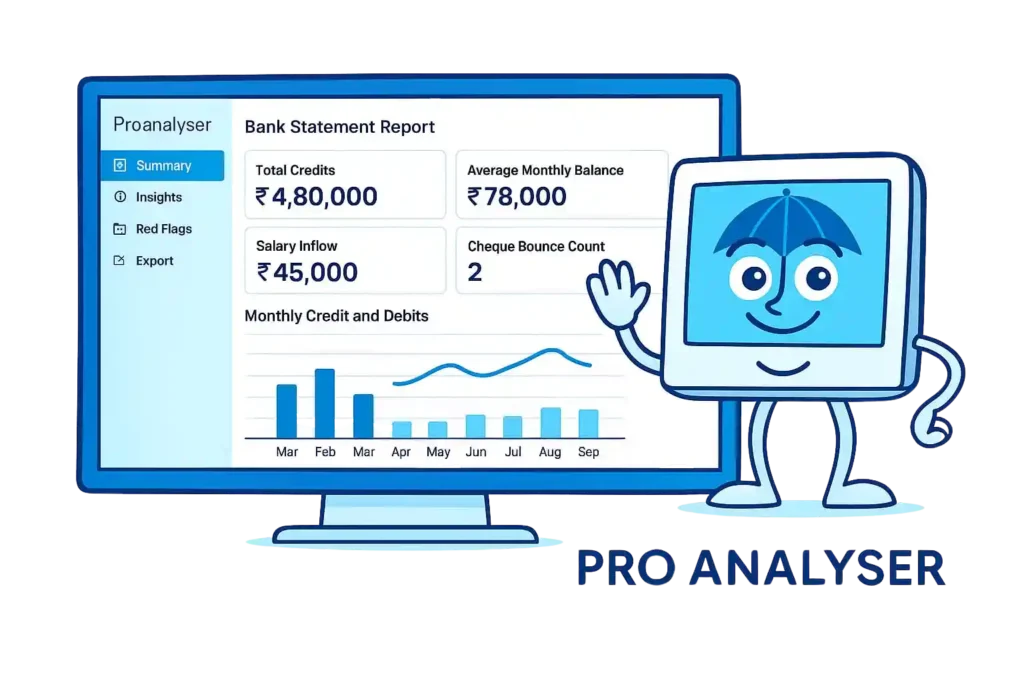 Proanalyser dashboard showing a bank statement report with key metrics, graphs for monthly activity, and sidebar tabs like Summary and Insights.