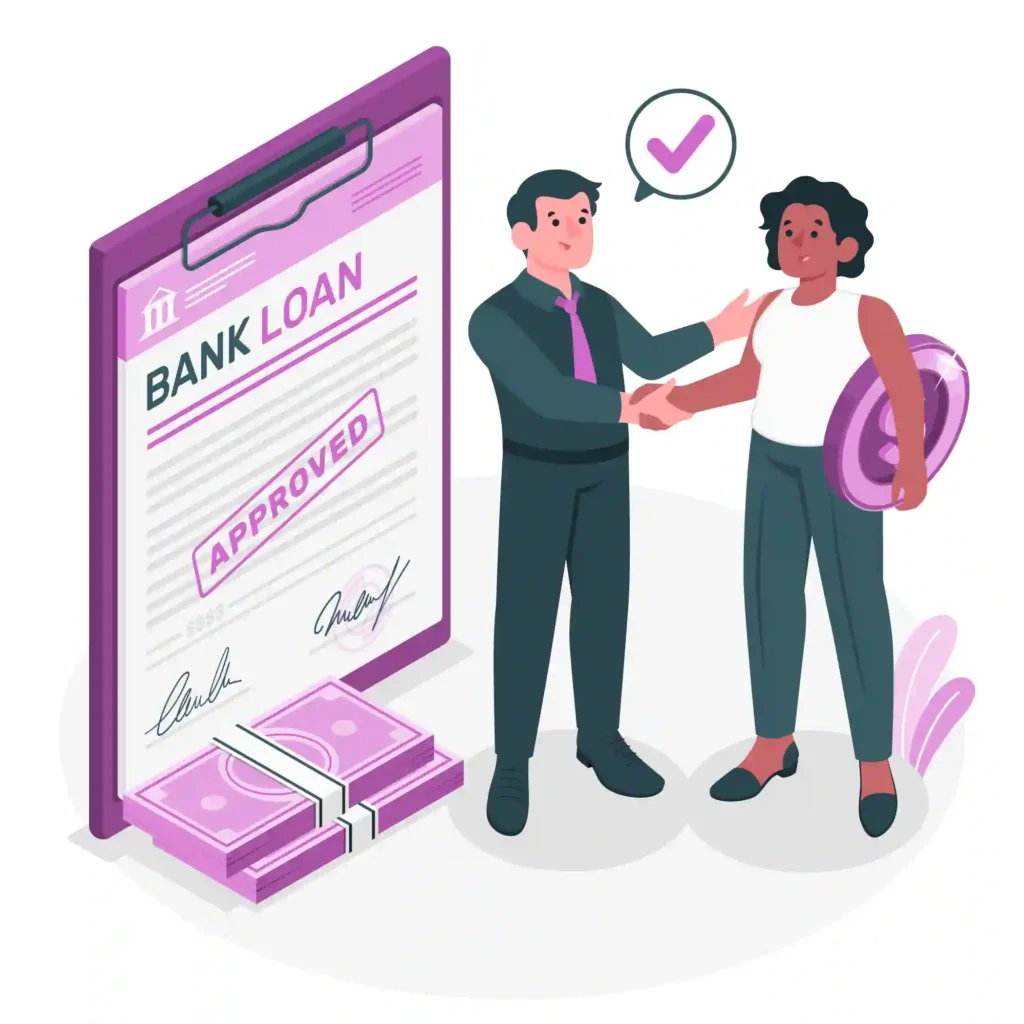 Vector graphic of a bank loan approval scene with a man and woman shaking hands in front of a clipboard showing "BANK LOAN APPROVED", stacks of money, and a large checkmark symbol.