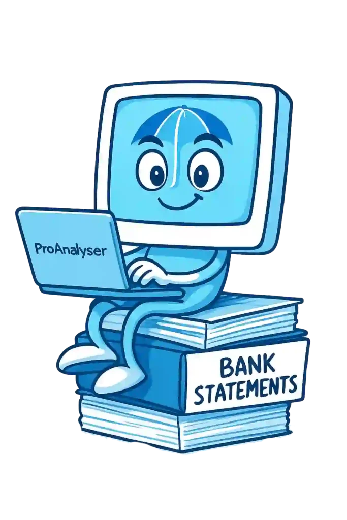 A cheerful cartoon computer character sitting on a stack of bank statement files, casually using a laptop with "Proanalyser" on the back, symbolizing digital bank statement analysis.