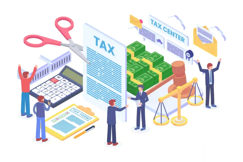 3D-style illustration showing various tax-related elements like tax forms, calculators, currency stacks, legal symbols, and professionals discussing tax planning at a tax center