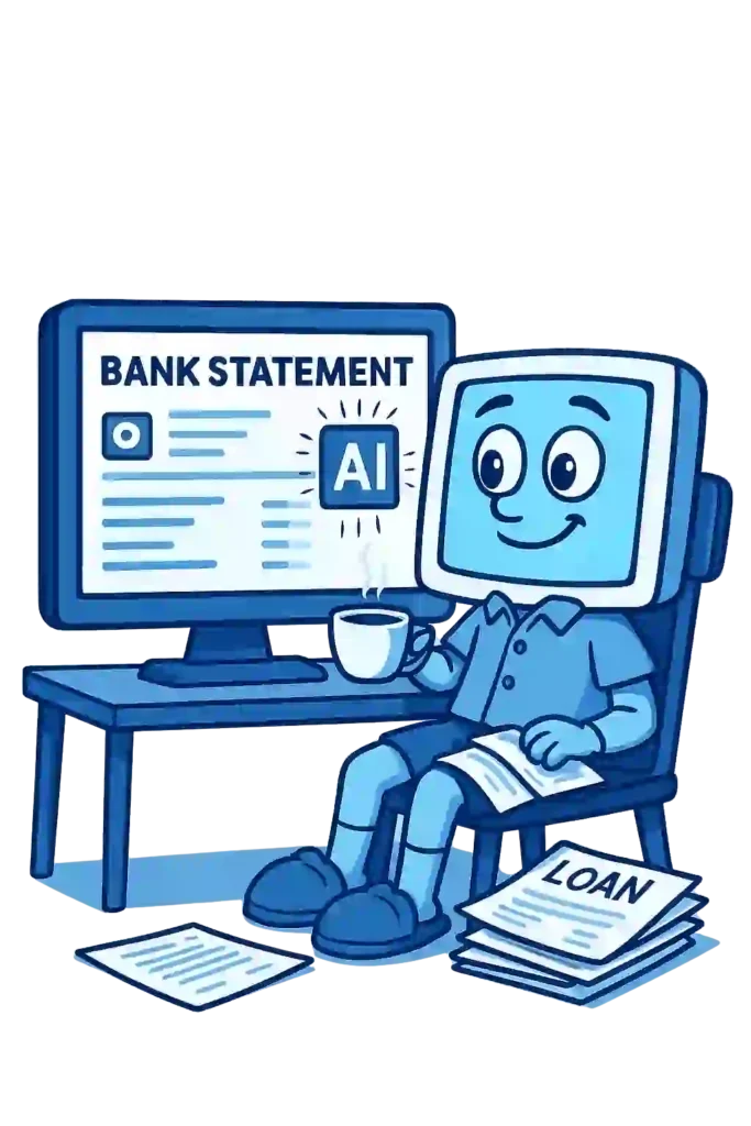 Cartoon computer character sitting with coffee, reviewing AI-powered bank statement analysis on screen, surrounded by loan documents.