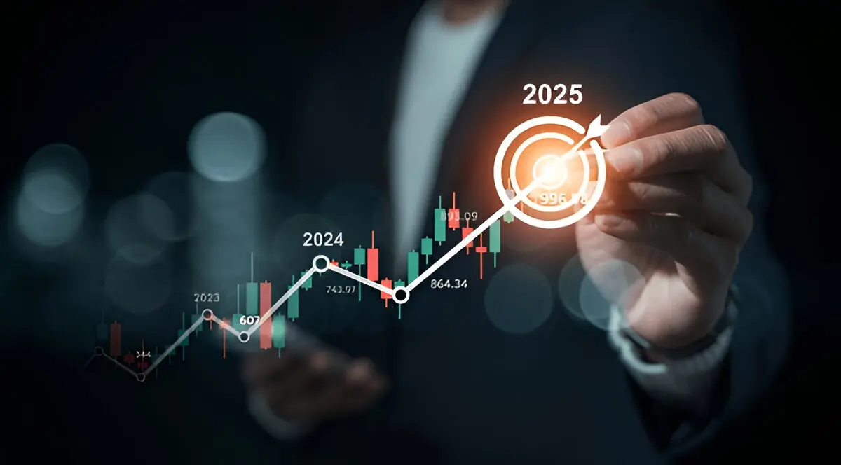 Businessperson analyzing financial growth chart with projected targets for 2023, 2024, and 2025 using futuristic data visualization