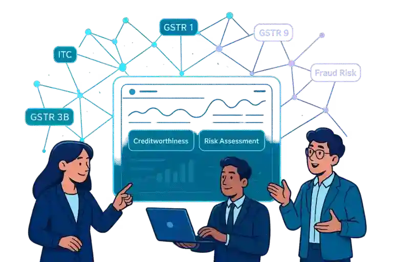 GST Analysis illustration with finance professionals and dashboard showing Creditworthiness and Risk Assessment.