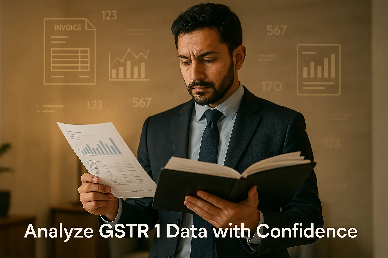 Finance professional reviewing GSTR 1 documents and reports with focus and accuracy.