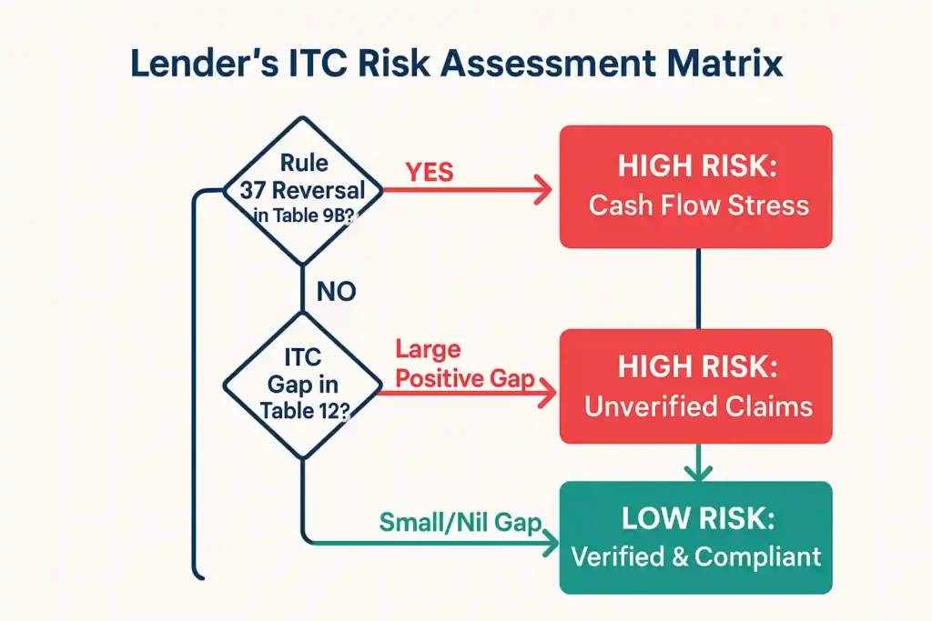 An infographic for GSTR 9 table wise analysis showing the ITC risk assessment flowchart for lenders.