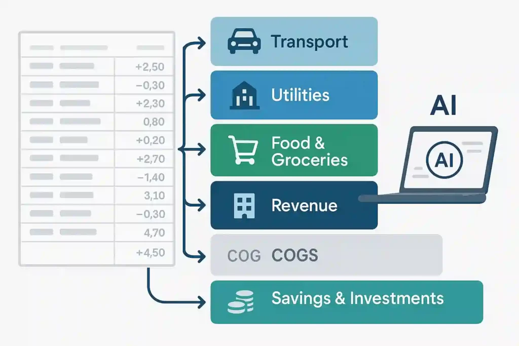 Diagram of financial transaction categorization, showing bank statement entries being automatically grouped by AI into categories such as transport, utilities, food and groceries, revenue, cost of goods sold, and savings and investments