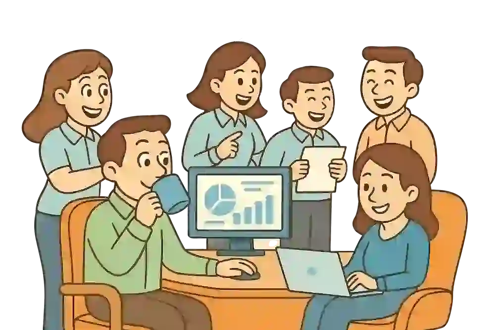 Illustration of modern team using the modern bank statement analyser without risk and happy work environment