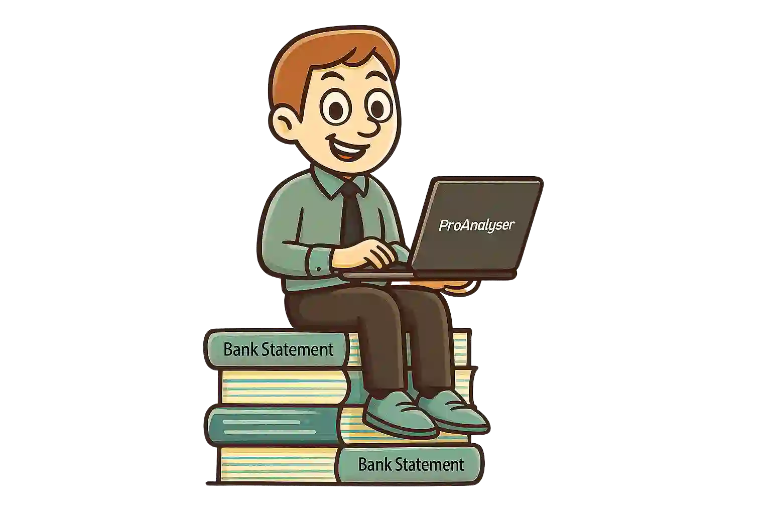 Pro Analyser Mascot Sitting on pile of bank statements using bank statement analyser