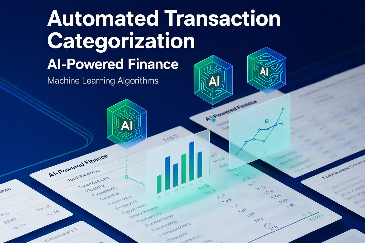 Modern digital illustration showing AI-powered transaction categorization in finance, with futuristic icons, graphs, and financial statements highlighting automated machine learning algorithms
