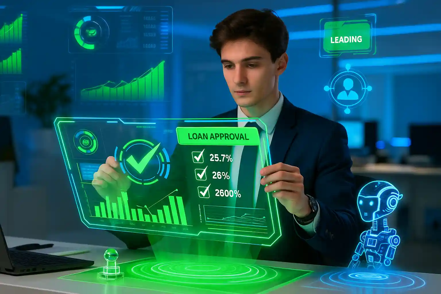 Modern futuristic digital lending environment with a corporate professional using a transparent touchscreen interface displaying loan approval data, analytics graphs, and AI technology icons