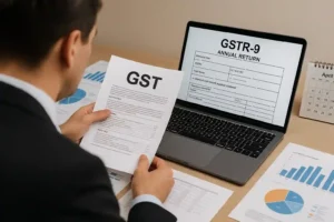 Finance professional preparing GSTR-9 annual return documents with deadline reminders.