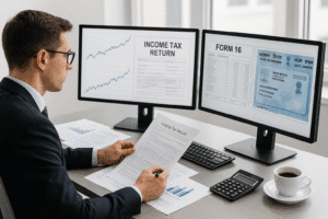 Professional handling Income Tax Return forms with digital tools and PAN card