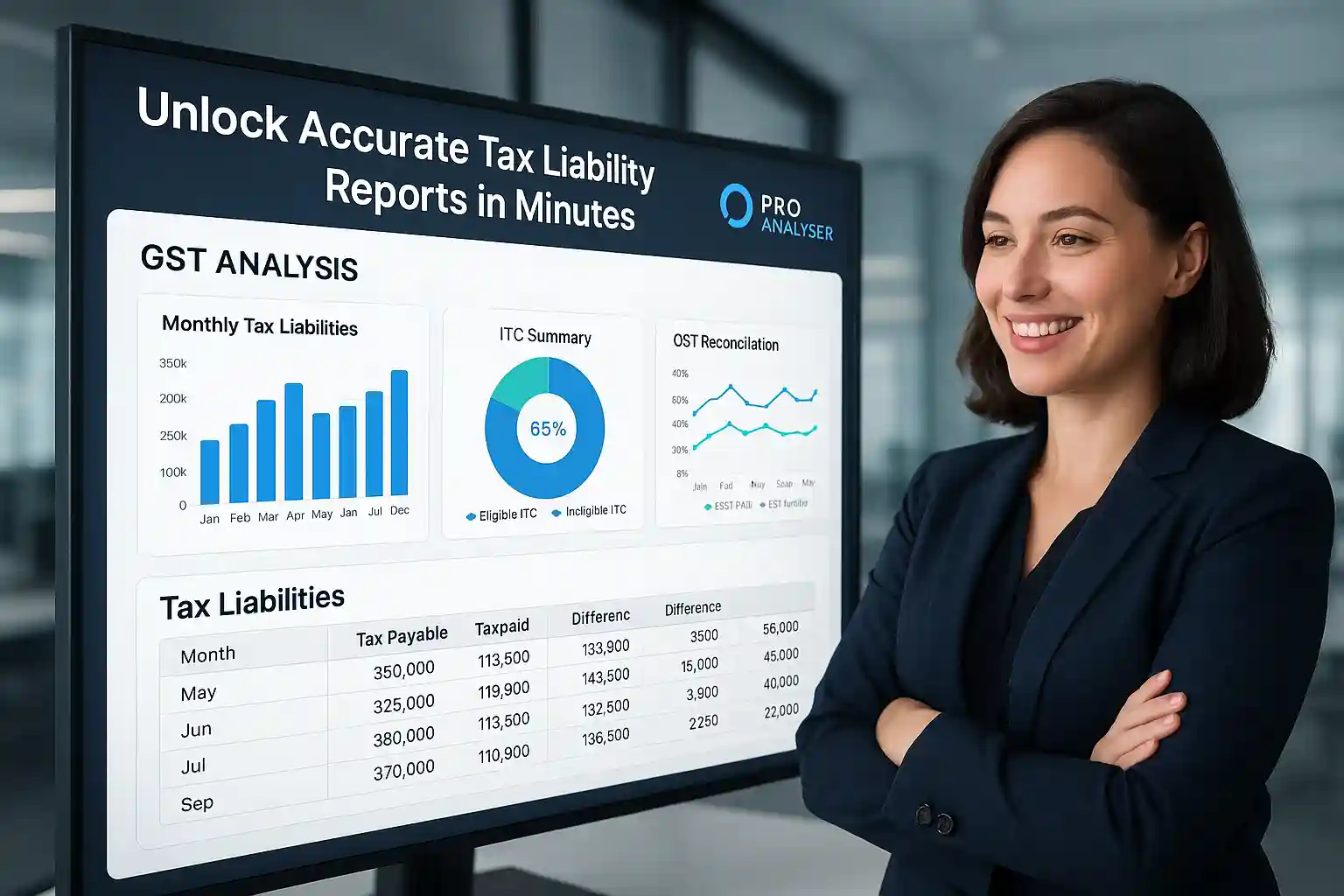Professional reviewing GST analysis and tax liabilities on Pro Analyser’s GSTR Analysis Tool dashboard.