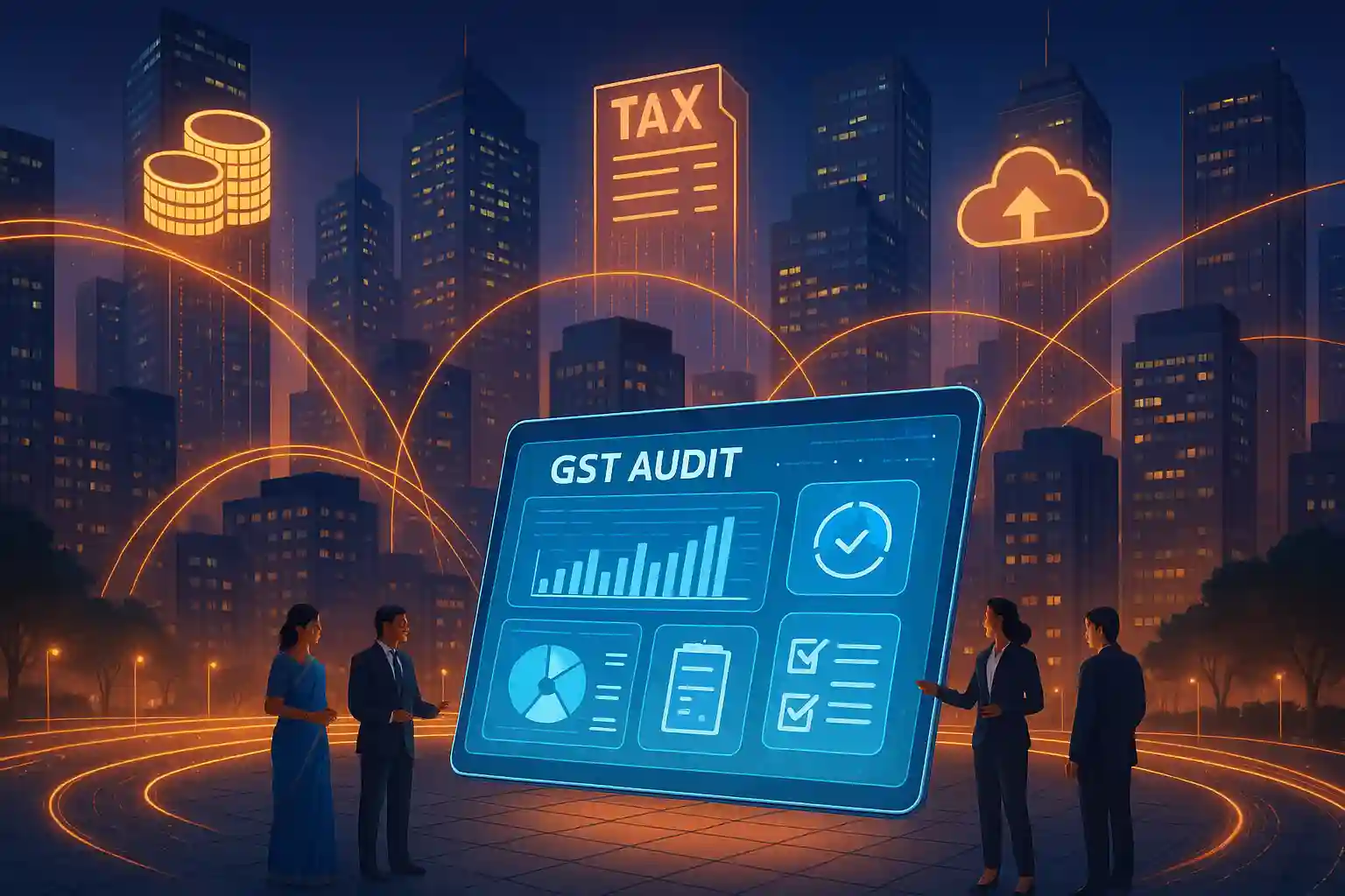 Futuristic scene of professionals analyzing GST audit data on holographic tablet in digitally connected city.