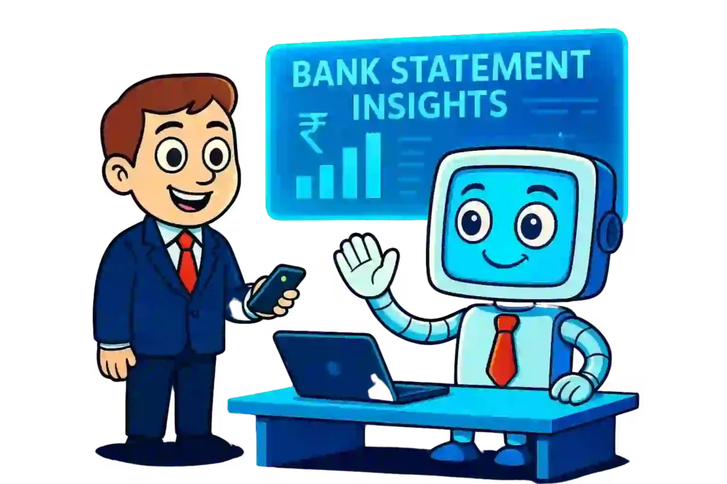 Illustration of a robot representing ProAnalyser bank statement analyser interacting with a business person in a suit, showing financial data analysis on a digital display