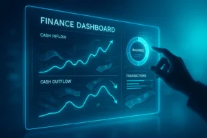 A futuristic digital finance dashboard showing cash inflows and outflows graphs, balance chart, and transaction summary, with a hand interacting with the display to analyze financial data