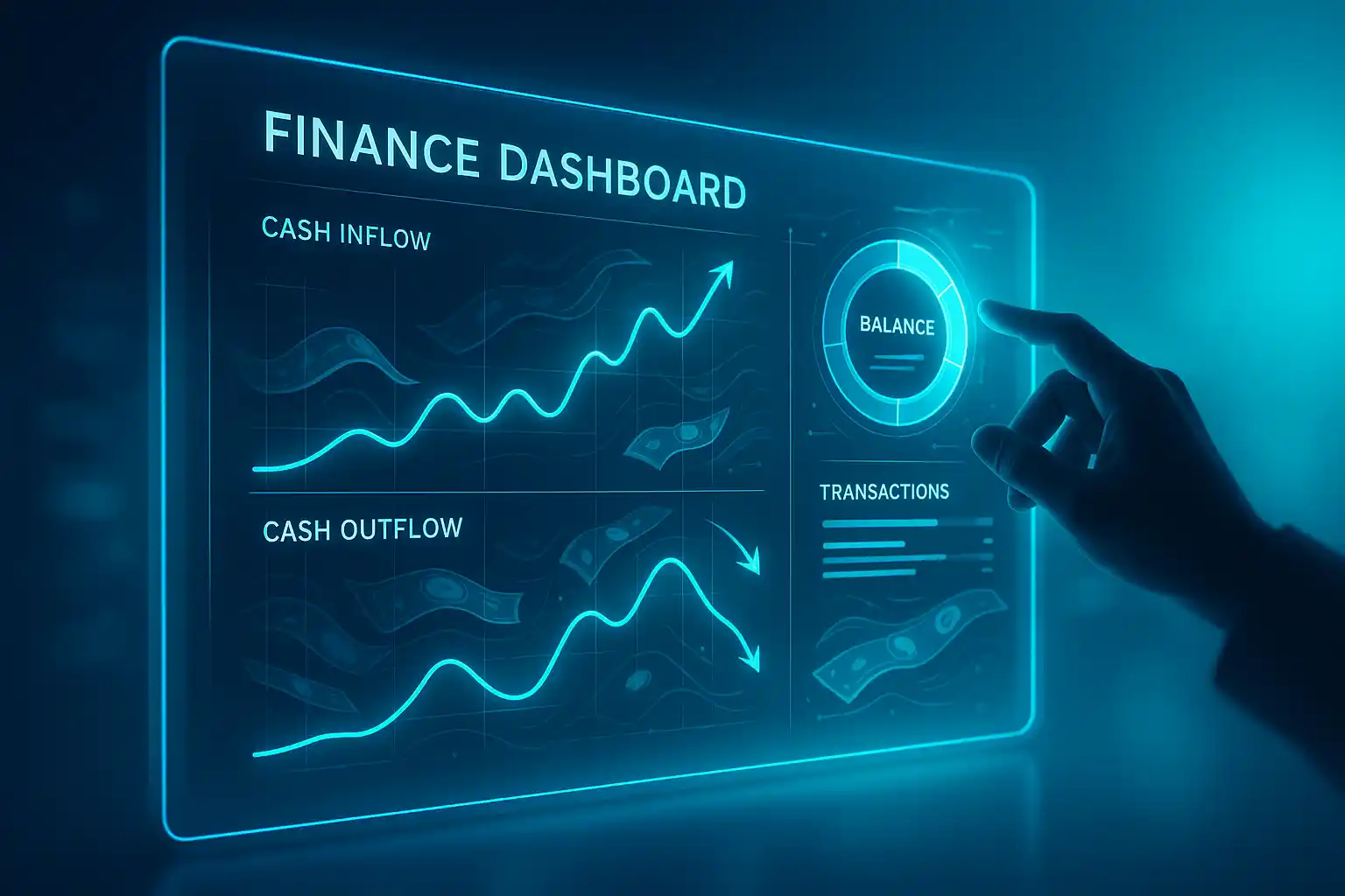 A futuristic digital finance dashboard showing cash inflows and outflows graphs, balance chart, and transaction summary, with a hand interacting with the display to analyze financial data