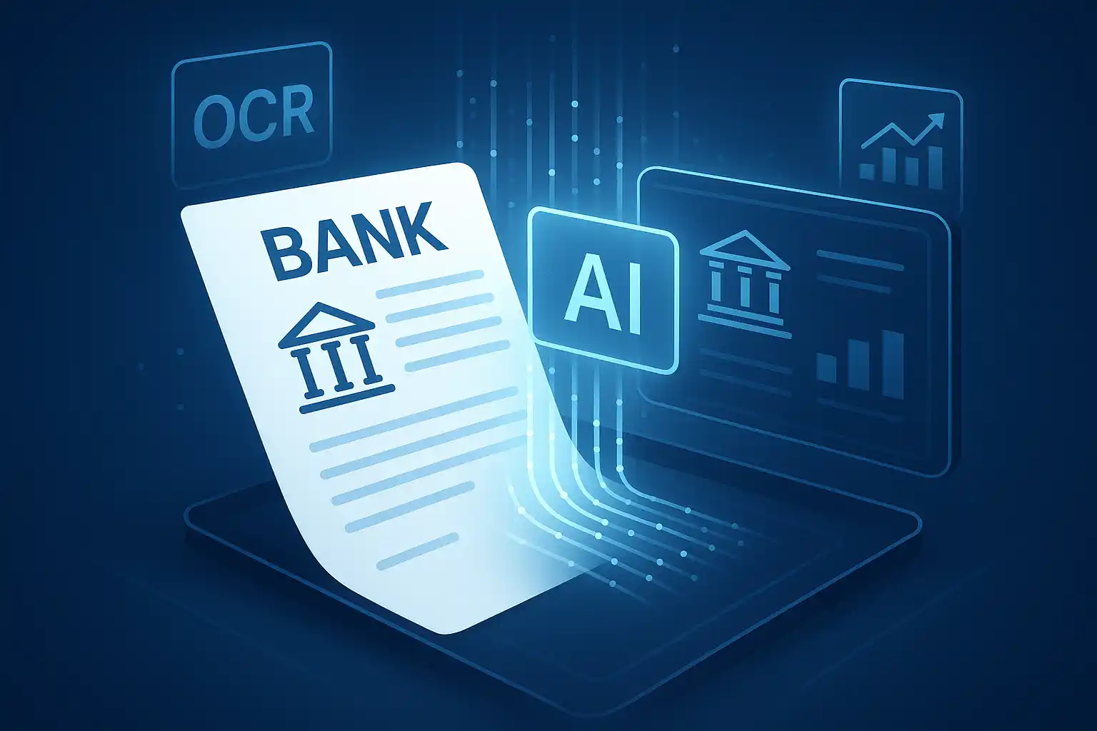 AI-powered OCR in banking concept, showing a digital bank statement being scanned and analyzed by artificial intelligence technology on a futuristic interface.