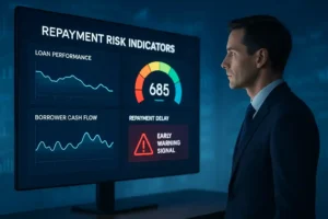 Borrower looking at a digital dashboard displaying borrower repayment delay indicators, including early warning signal alerts, loan performance graphs, and borrower cash flow analysis.