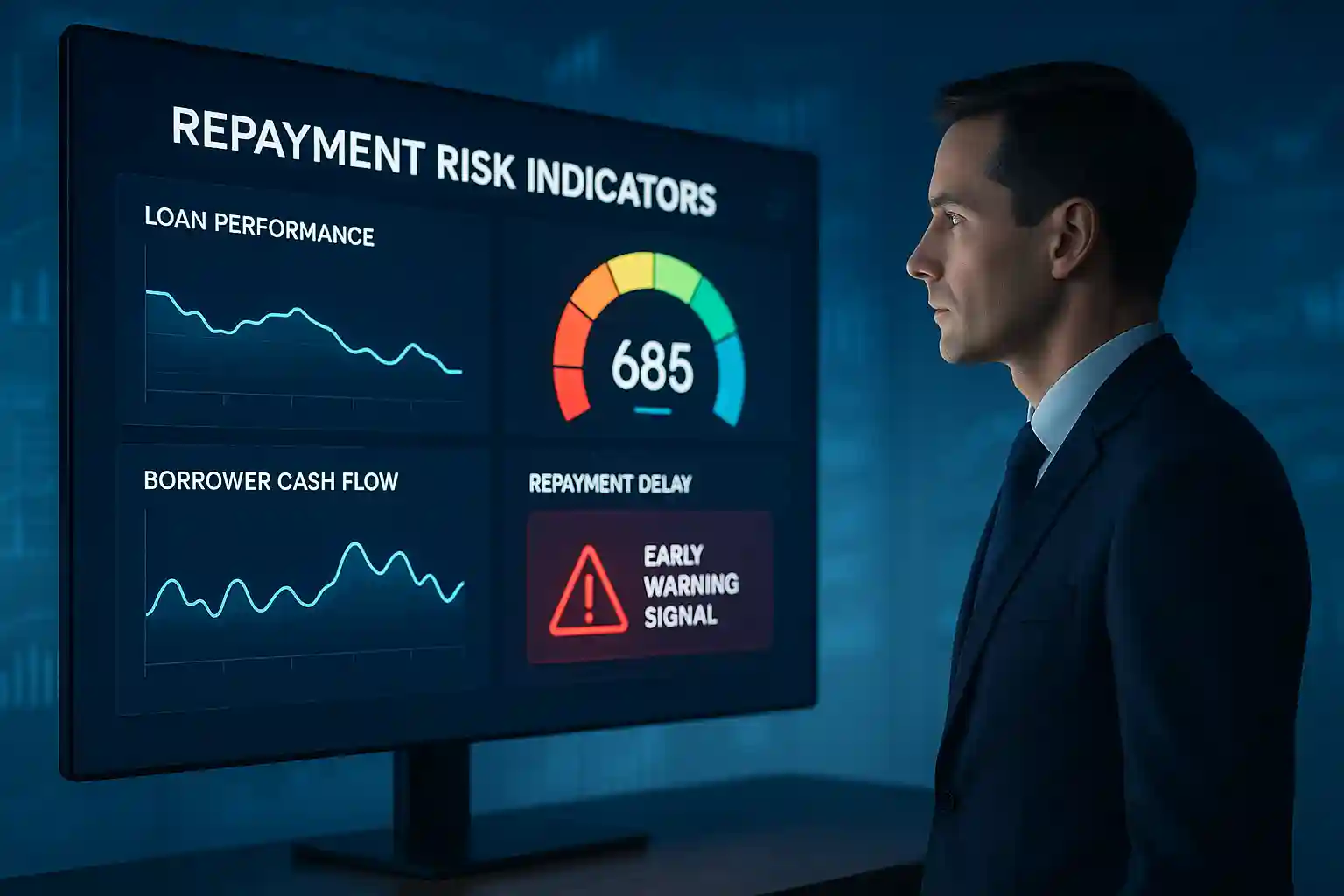 Borrower looking at a digital dashboard displaying borrower repayment delay indicators, including early warning signal alerts, loan performance graphs, and borrower cash flow analysis.