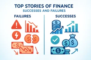 "Infographic titled ‘Top Stories of Finance: Successes and Failures’ showing a split layout. Left side depicts financial failures with red and orange warning icons, broken coins, alert symbols, and downward-trending charts. Right side depicts financial successes with green and blue icons, rising arrows, growth charts, and positive financial symbols. Modern, clean, blue-white gradient design with minimalist money and analytics icons, professional and visually engaging."