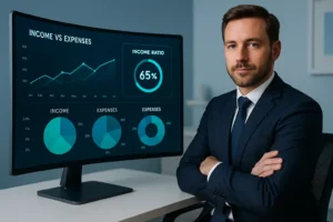 A modern office scene showing a professional in a suit sitting beside a computer monitor displaying an income ratio dashboard, with charts and a highlighted 65% income ratio for financial review and analysis.