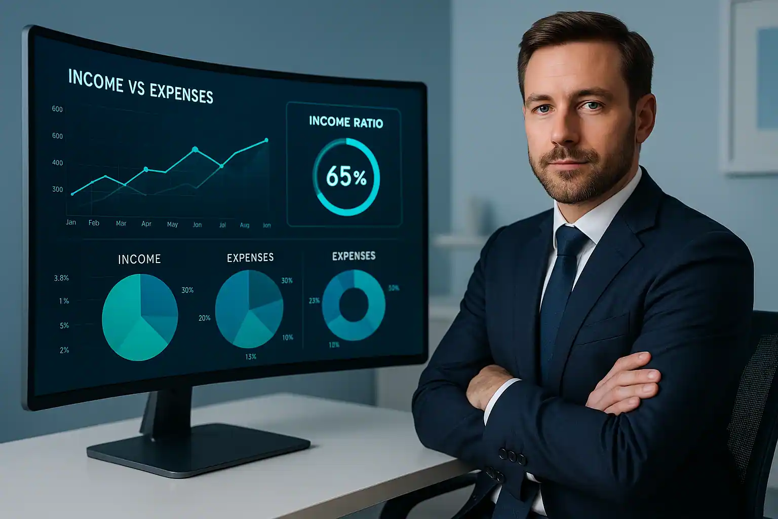 A modern office scene showing a professional in a suit sitting beside a computer monitor displaying an income ratio dashboard, with charts and a highlighted 65% income ratio for financial review and analysis.