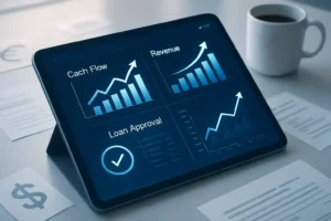 Modern financial dashboard showing upward cash flow trends and revenue charts on a tablet, symbolizing business growth, financial stability, and loan readiness.