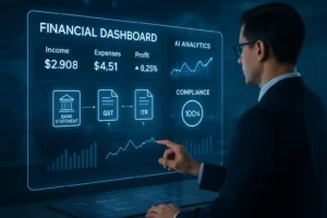 Professional analyzing a digital financial dashboard showcasing income, expenses, profit, AI analytics, compliance, and the financial reporting process from bank statement to GST and ITR