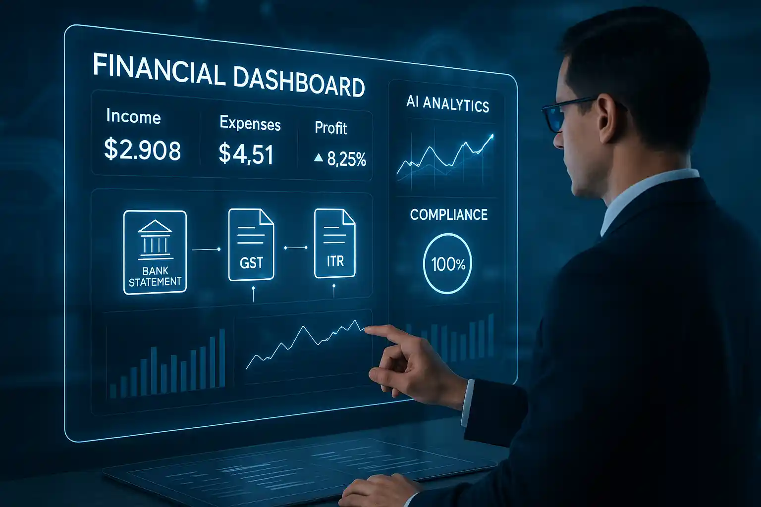 Professional analyzing a digital financial dashboard showcasing income, expenses, profit, AI analytics, compliance, and the financial reporting process from bank statement to GST and ITR