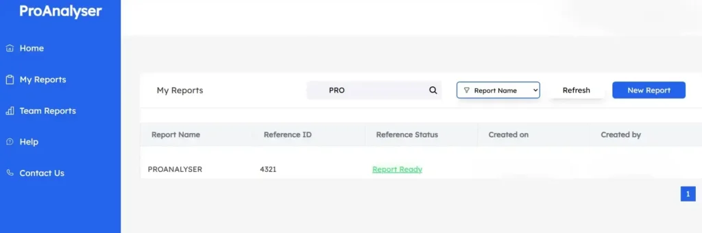 Proroanalyser webapp dashboard showing the report ready and ready to open after report uploaded