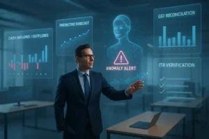 Finance manager in a high-tech office using a holographic 3D interface with cash flow charts, GST and ITR checks, and AI alerts to stay audit ready.