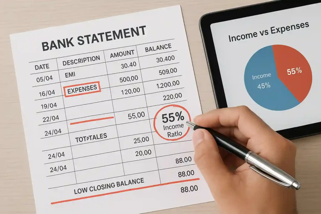 A close-up of a bank statement showing a 55% income ratio circled, with a hand holding a pen and a tablet displaying an income vs. expenses pie chart, emphasizing financial analysis and expense monitoring.