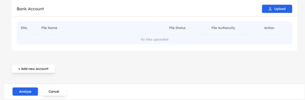 Bank Statement Analyser upload screen showing option to add new account, upload files, and analyse reports