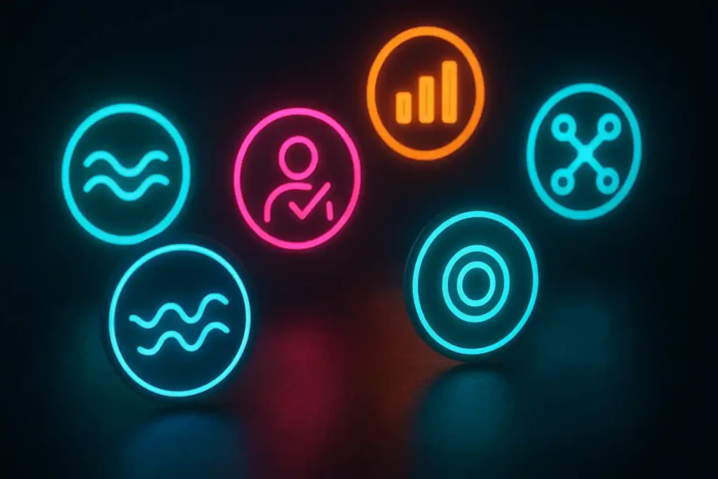Cinematic neon-style floating data markers representing six hidden financial indicators