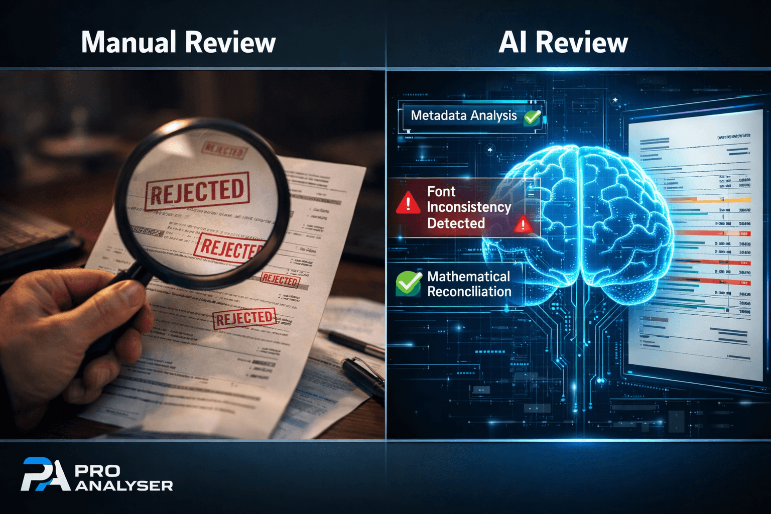 Comparison of manual document review vs AI bank statement fraud detection software highlighting metadata and font analysis for NBFC lenders.
