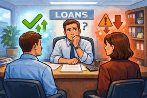 a loan officer confused between a good and risky borrower during loan risk analysis.