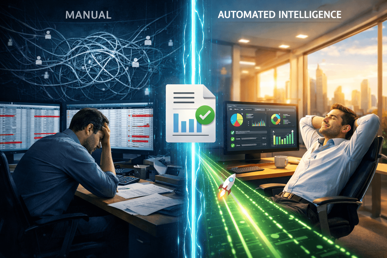 Person looking relieved while using automated transaction categorization software instead of spreadsheets