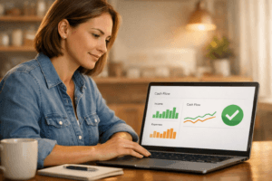 Self-employed borrower reviewing finances using bank statement analysis for loan approvals.