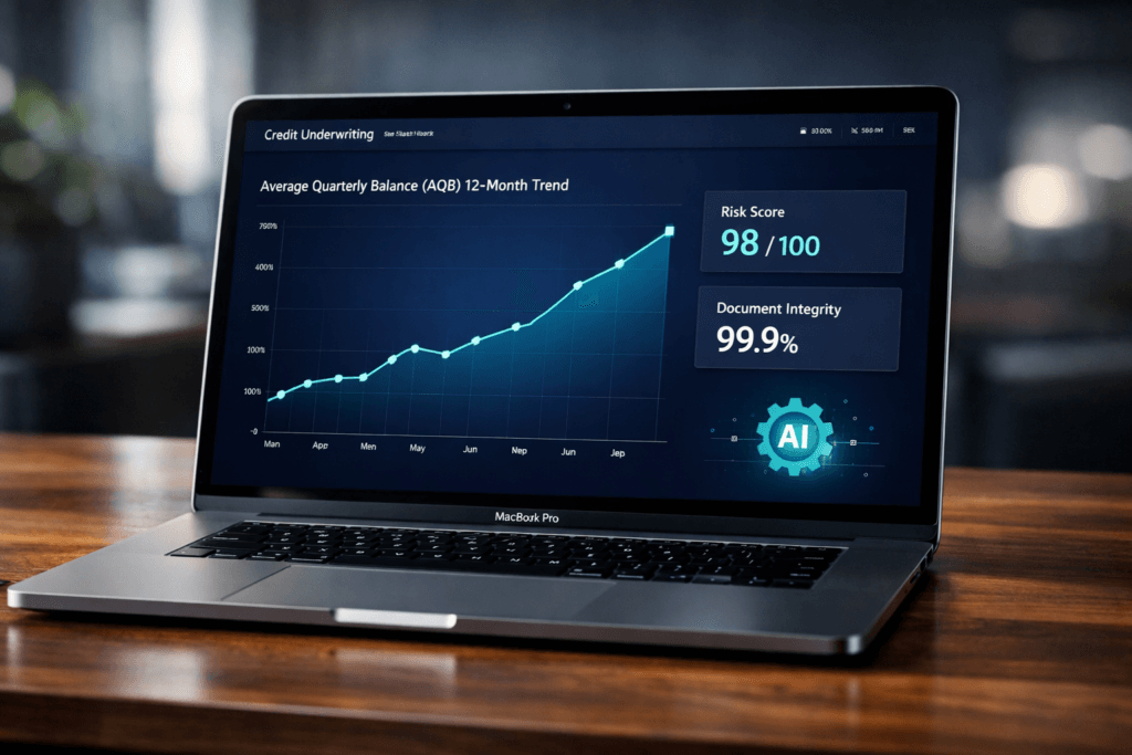 A professional digital dashboard for bank account analysis on a laptop