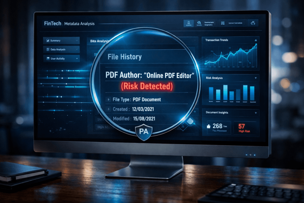 A digital forensic scan of a bank statement’s metadata on a computer screen, using a magnifying glass to highlight "Adobe Illustrator" as the file source.