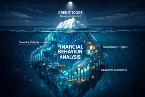 Digital iceberg illustration comparing Credit Scores to Financial Behavior Analysis, showing deep data insights from a bank statement analyzer.