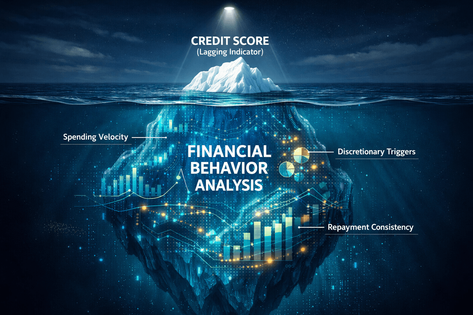 Digital iceberg illustration comparing Credit Scores to Financial Behavior Analysis, showing deep data insights from a bank statement analyzer.