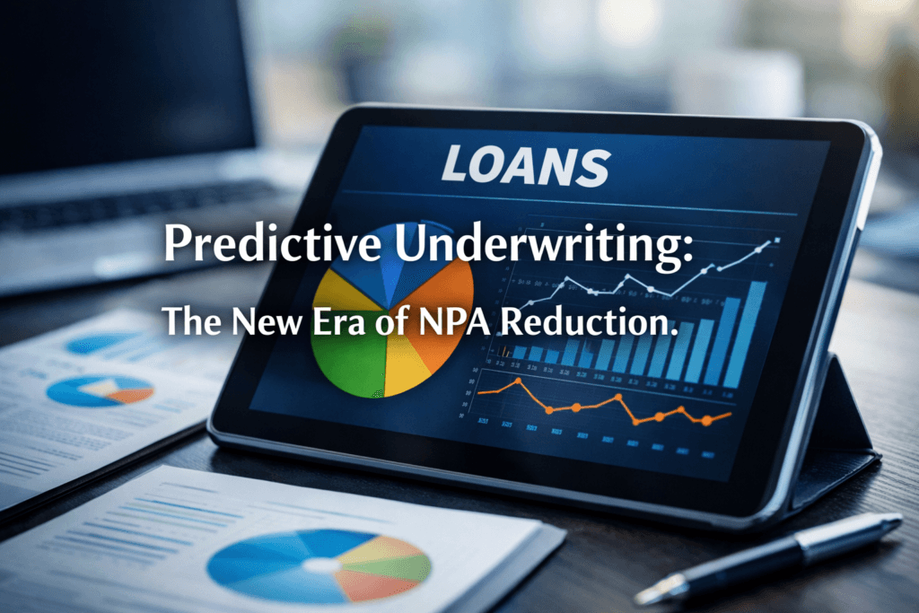 A professional fintech dashboard displaying real-time data analytics for NPA reduction and automated bank statement analysis on a tablet screen.